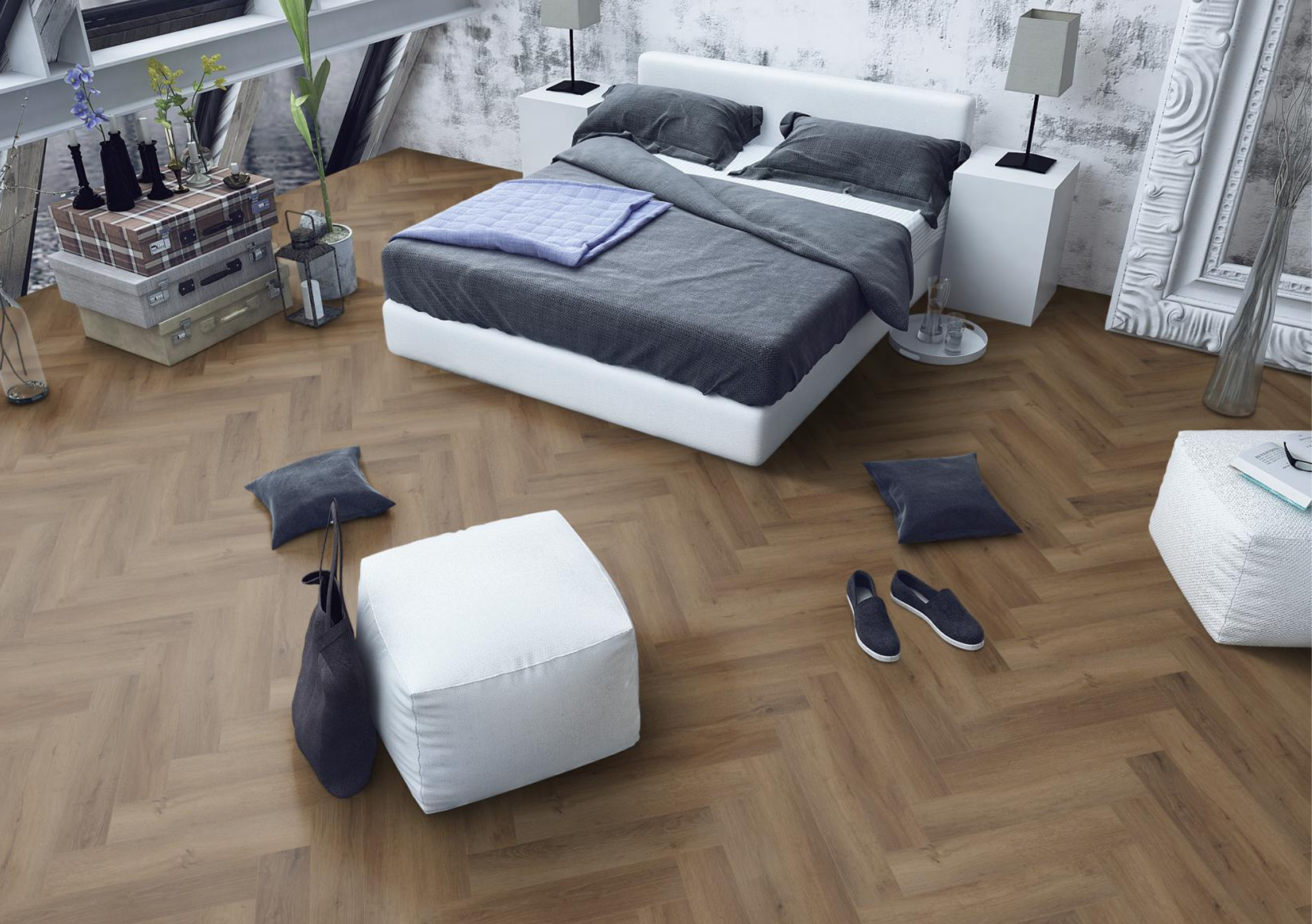 Lignum Core Truffle-Oak-Herringbone-2 Truffle Oak Lignum Core in bedroom high view