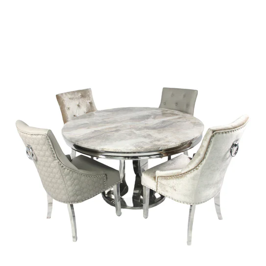 Arial 130cm Marble Round Dining Table With Shimmer Chrome Ring Knocker Chairs Arial 130cm Marble Round Dining Table With Shimmer Chrome Ring Knocker Chairs