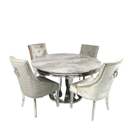 Arial 130cm Marble Round Dining Table With Shimmer Chrome Ring Knocker Chairs1 Arial 130cm Marble Round Dining Table With Shimmer Chrome Ring Knocker Chairs1