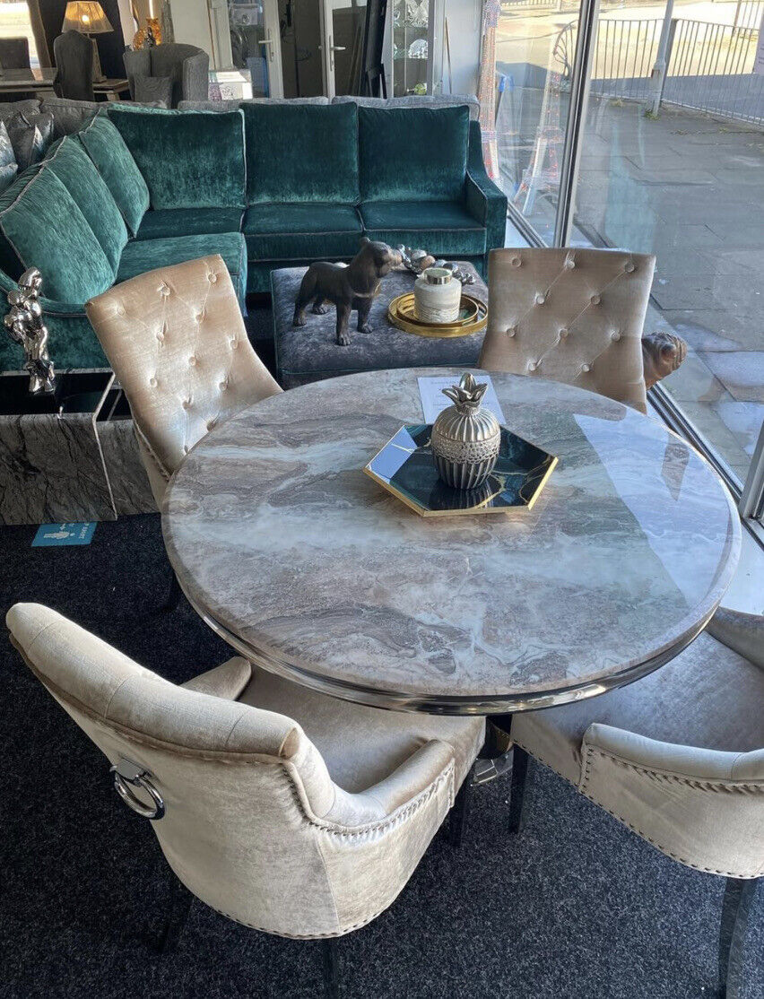 Arial 130cm Marble Round Dining Table With Shimmer Chrome Ring Knocker Chairs10 Arial 130cm Marble Round Dining Table With Shimmer Chrome Ring Knocker Chairs10