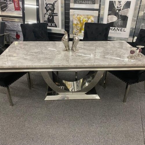 Arial Marble & Chrome Dining Table + Lion Knocker Velvet Chairs2