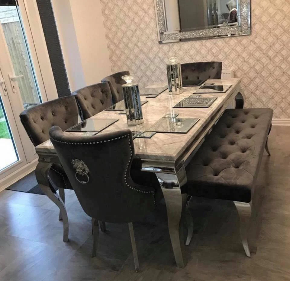 Louis 120cm Grey Marble Dining Table + 4 Grey Lion Knocker Chairs + 110cm Bench Louis 120cm Grey Marble Dining Table + 4 Grey Lion Knocker Chairs + 110cm Bench