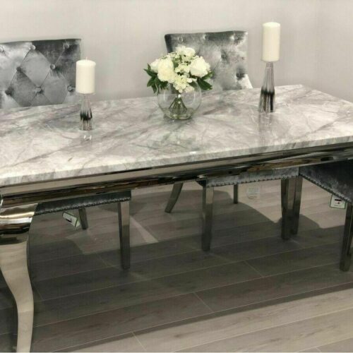 Louis 120cm Grey Marble Dining Table + 4 Grey Lion Knocker Chairs + 110cm Bench1