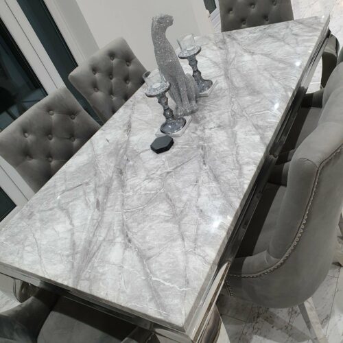 Louis 180cm Grey Marble Dining Table + Knightsbridge Light Grey Knocker Plush Velvet Chairs10