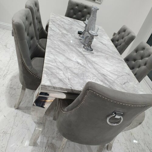 Louis 180cm Grey Marble Dining Table + Knightsbridge Light Grey Knocker Plush Velvet Chairs11