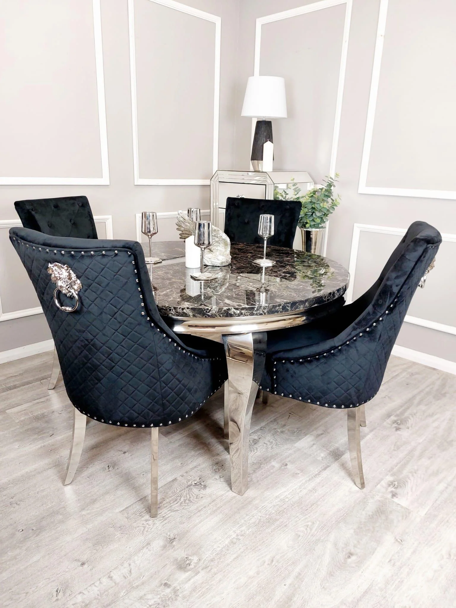 Louis Black Marble 130cm Round Dining Table + Black Lion Knocker Plush Velvet Chairs Louis Black Marble 130cm Round Dining Table + Black Lion Knocker Plush Velvet Chairs