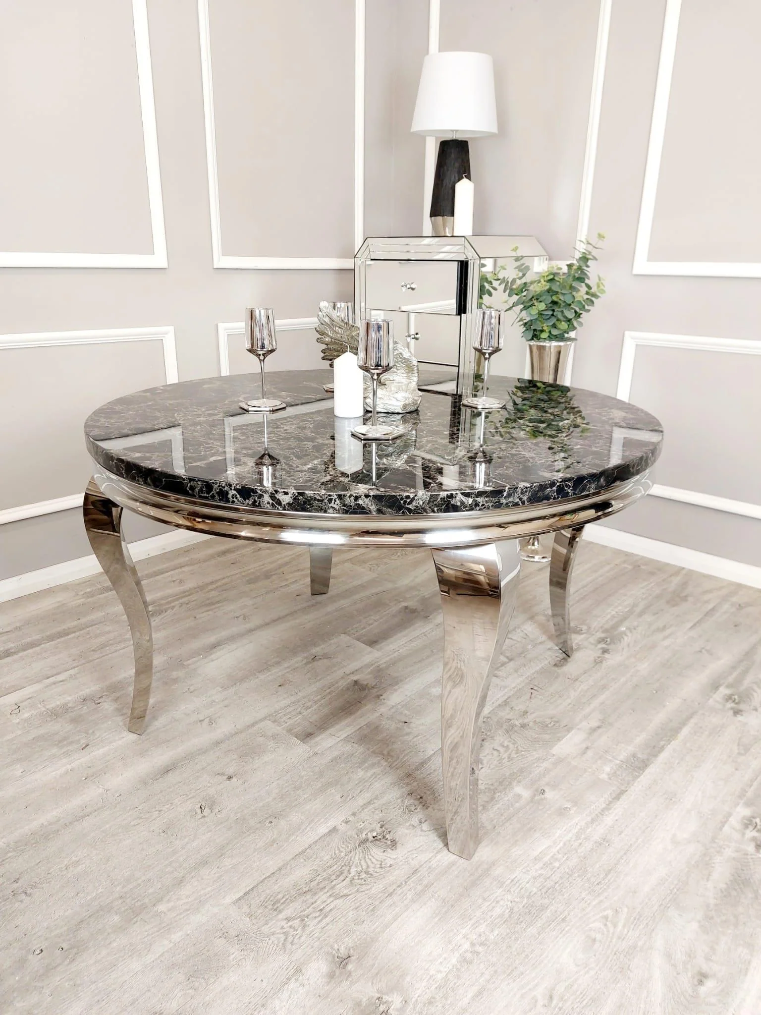 Louis Black Marble 130cm Round Dining Table + Black Lion Knocker Plush Velvet Chairs2 Louis Black Marble 130cm Round Dining Table + Black Lion Knocker Plush Velvet Chairs2