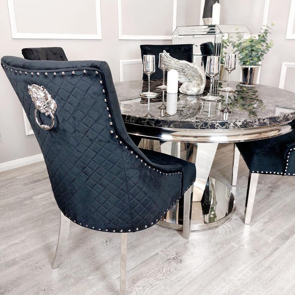 Louis Black Marble 130cm Round Dining Table + Black Lion Knocker Plush Velvet Chairs4 Louis Black Marble 130cm Round Dining Table + Black Lion Knocker Plush Velvet Chairs4