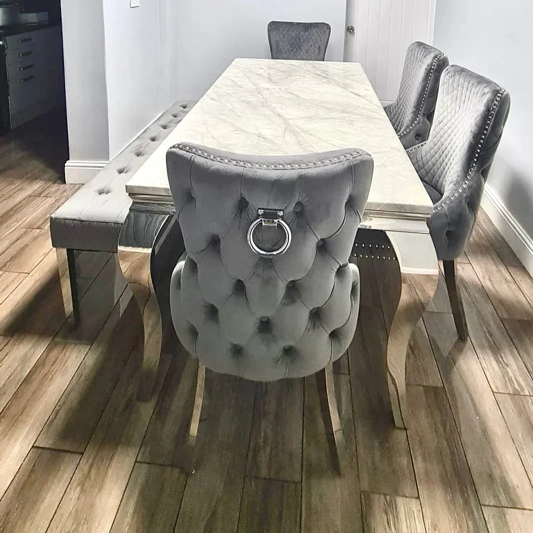 Louis Marble 160CM Dining Table + Victoria Grey Ring Chairs, Bench Option Louis Marble 160cm Dining Table + Victoria Grey Ring Chairs, Bench Option