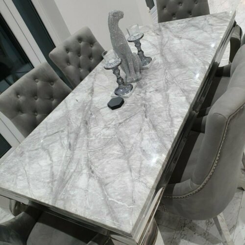 Louis Marble 160cm Dining Table + Victoria Grey Ring Chairs, Bench Option1