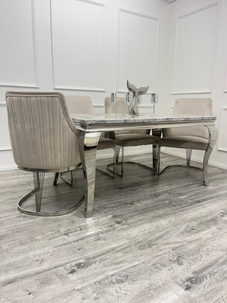 Louis Marble & Chrome Dining Table With Carlton Beige1 Louis Marble & Chrome Dining Table With Carlton Beige1