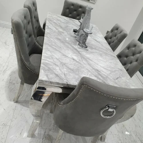 Louis Marble & Chrome Dining Table With Chrome Ring Knocker Velvet Chairs