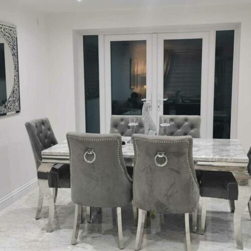 Louis Marble & Chrome Dining Table With Chrome Ring Knocker Velvet Chairs10