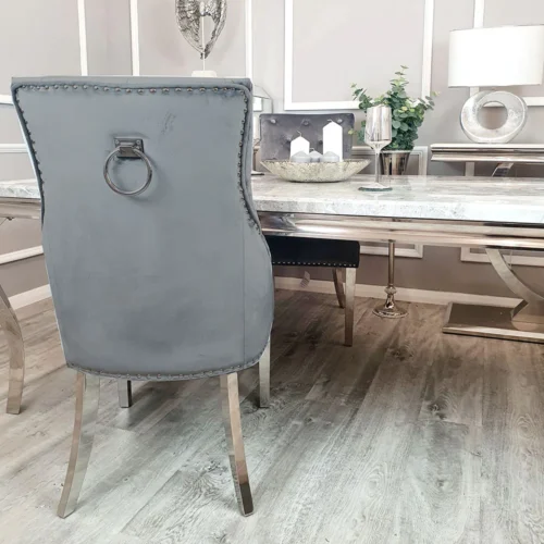 Louis Marble & Chrome Dining Table With Chrome Ring Knocker Velvet Chairs12
