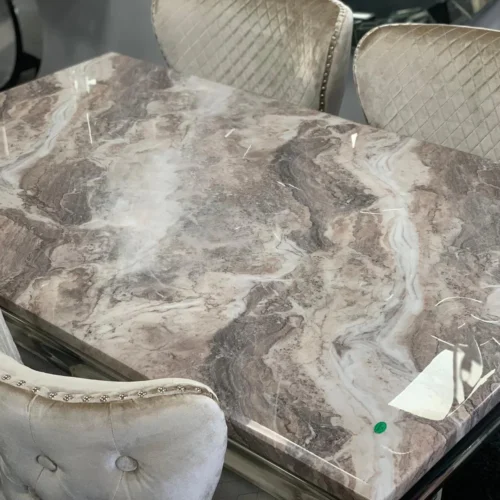 Louis Marble & Chrome Dining Table With Lion Knocker Velvet Chairs9