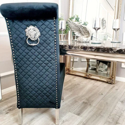Louis Marble & Chrome Dining Table With Lucy Slim Quilted Lion Knocker Velvet Chairs & 140cm Bench12