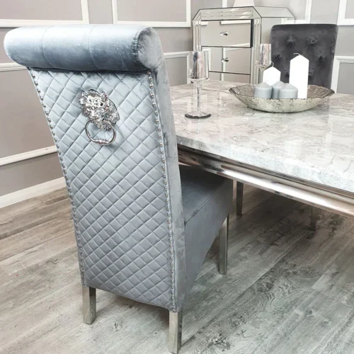 Louis Marble & Chrome Dining Table With Lucy Slim Quilted Lion Knocker Velvet Chairs & 140cm Bench15