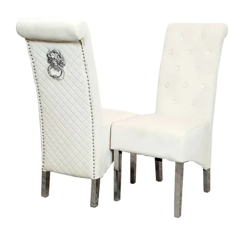 Louis Marble & Chrome Dining Table With Lucy Slim Quilted Lion Knocker Velvet Chairs & 140cm Bench7
