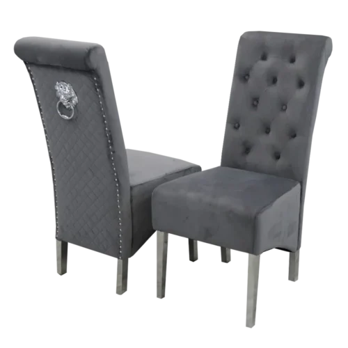 Louis Marble & Chrome Dining Table With Lucy Slim Quilted Lion Knocker Velvet Chairs & 140cm Bench9