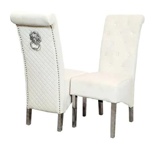 Louis Marble & Chrome Dining Table With Lucy Slim Quilted Lion Knocker Velvet Chairs11