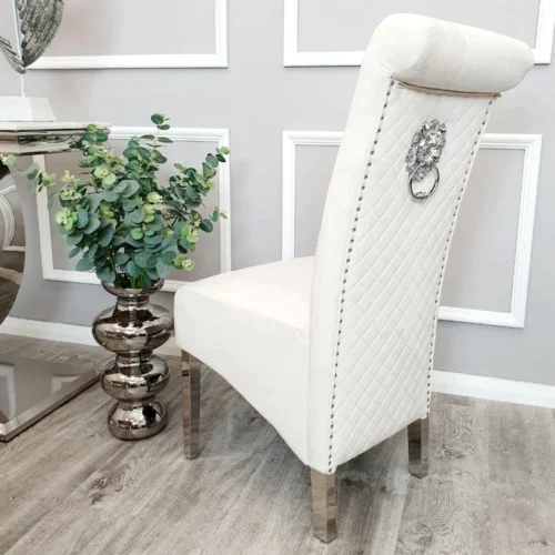 Louis Marble & Chrome Dining Table With Lucy Slim Quilted Lion Knocker Velvet Chairs12