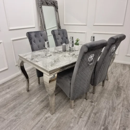 Louis Marble & Chrome Dining Table With Lucy Slim Quilted Lion Knocker Velvet Chairs4