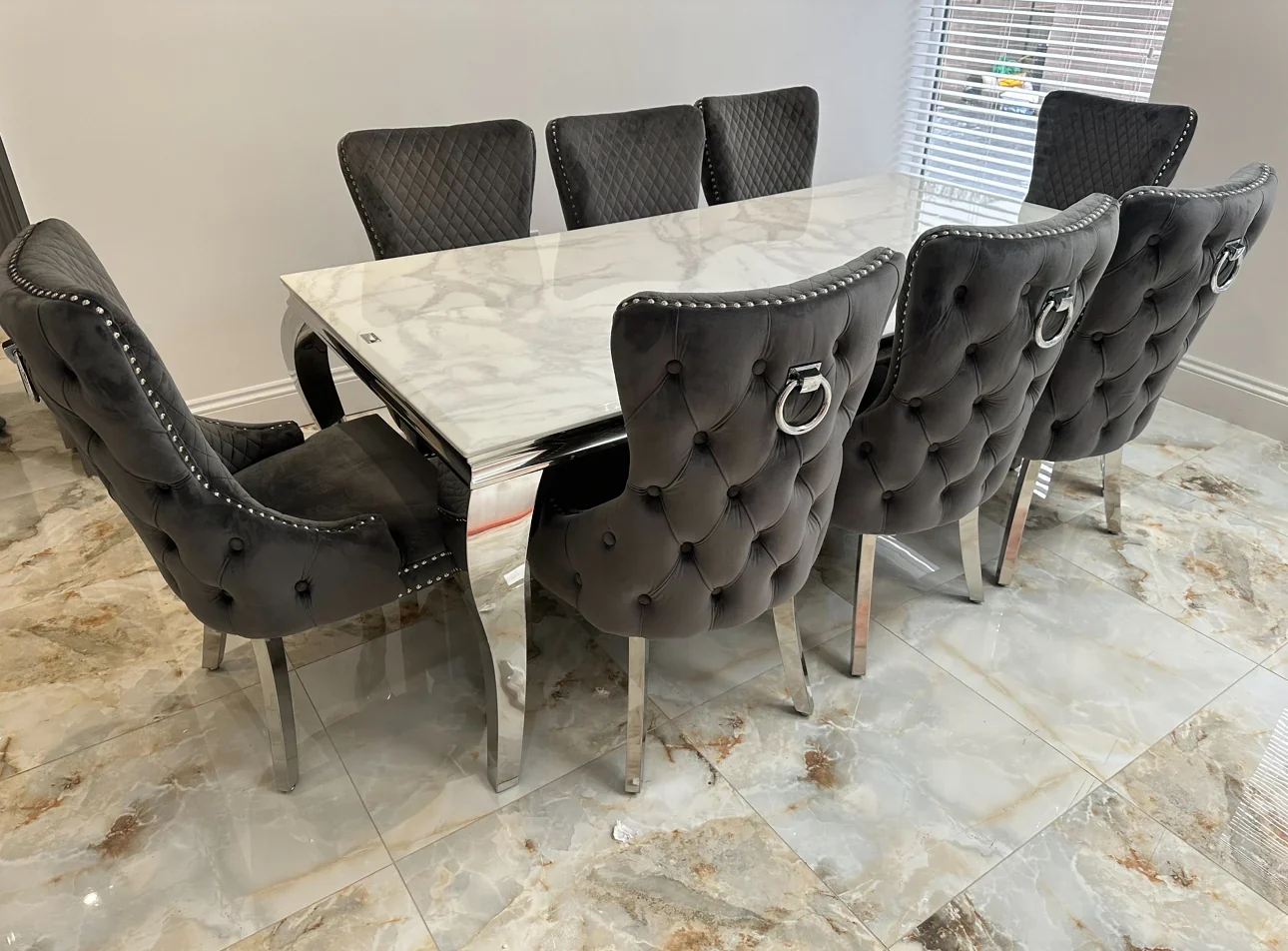Louis Marble & Chrome Dining Table With Victoria Ring Knocker Velvet Chairs Louis Marble & Chrome Dining Table With Victoria Ring Knocker Velvet Chairs