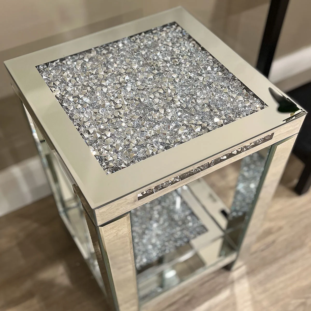 Diamond-Crush-Mirrored-Glass-2-Tier-Square-Side-Table-End-Table-60cm-5 Diamond Crush Mirrored Glass 2 Tier Square Side Table End Table 60cm