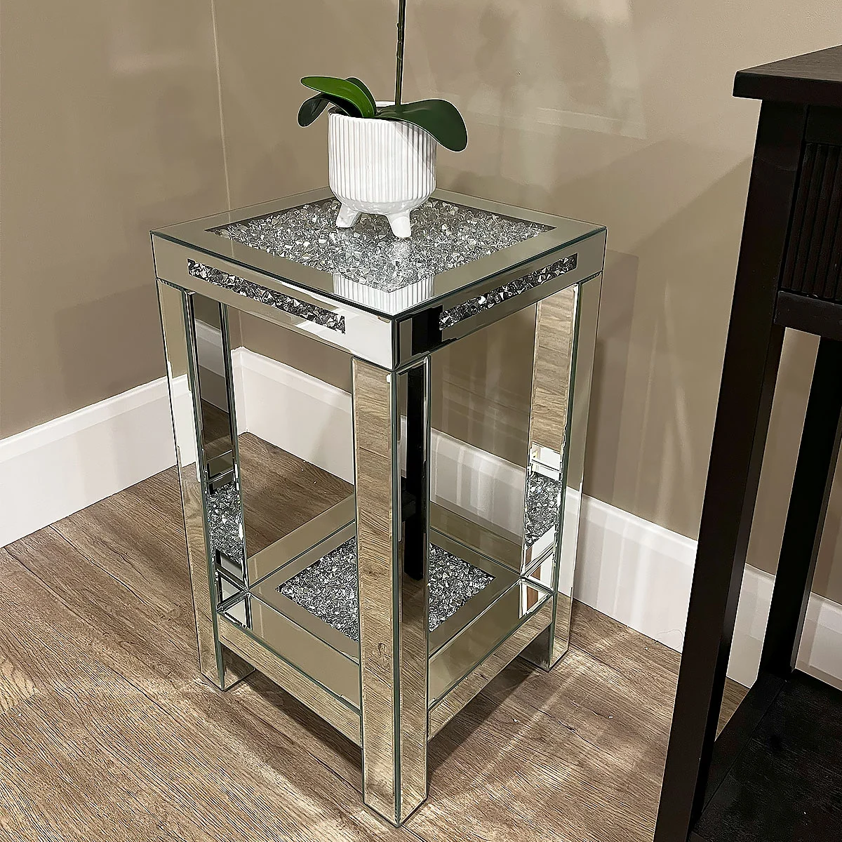 Diamond-Crush-Mirrored-Glass-2-Tier-Square-Side-Table-End-Table-60cm Diamond Crush Mirrored Glass 2 Tier Square Side Table End Table 60cm