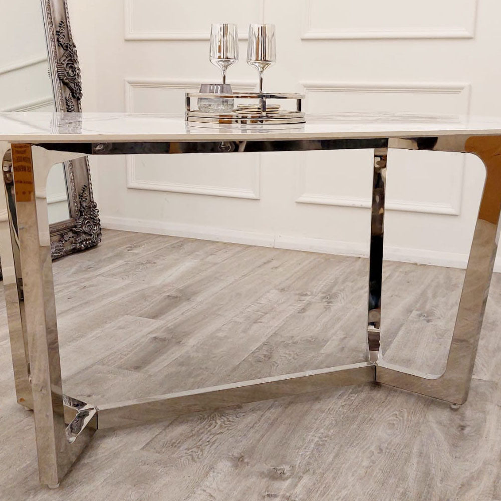 Lucien 1.6m Chrome Dining Table with Polar White Sintered Stone Top - 3 Lucien 1.6m Chrome Dining Table with Polar White Sintered Stone Top detail image