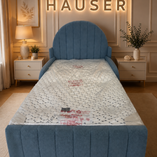 Blue velvet Aqua Panello bed with curved fluted headboard by Hauser Interiors