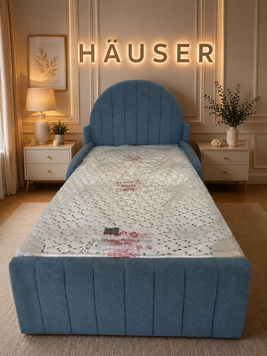 Aqua Panello Upholstered Bed Blue velvet Aqua Panello bed with curved fluted headboard by Hauser Interiors