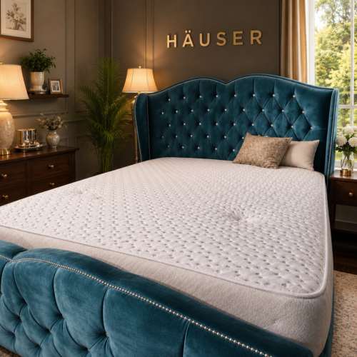 Teal velvet heart wing bed with crystal-buttoned scalloped winged headboard by Hauser Interiors