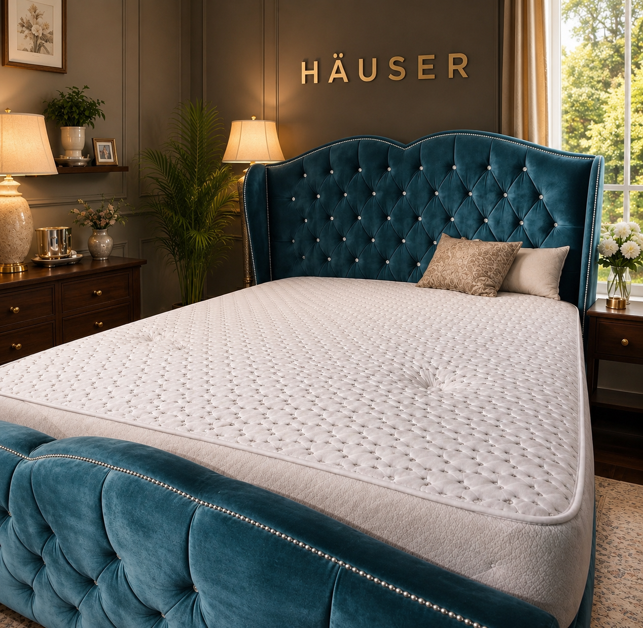 Heart Wing Upholstered Bed Teal velvet heart wing bed with crystal-buttoned scalloped winged headboard by Hauser Interiors
