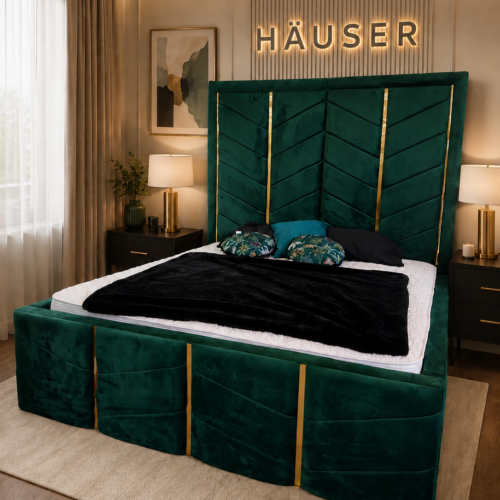 Emerald green velvet Oro Elegante bed with gold chevron inlays by Hauser Interiors