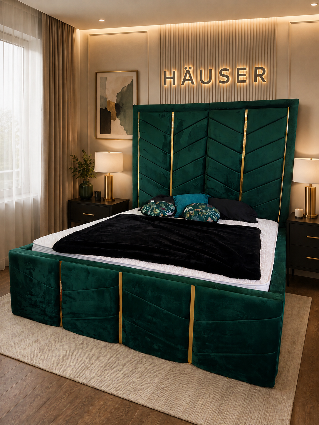 Oro Elegante Upholstered Bed Emerald green velvet Oro Elegante bed with gold chevron inlays by Hauser Interiors