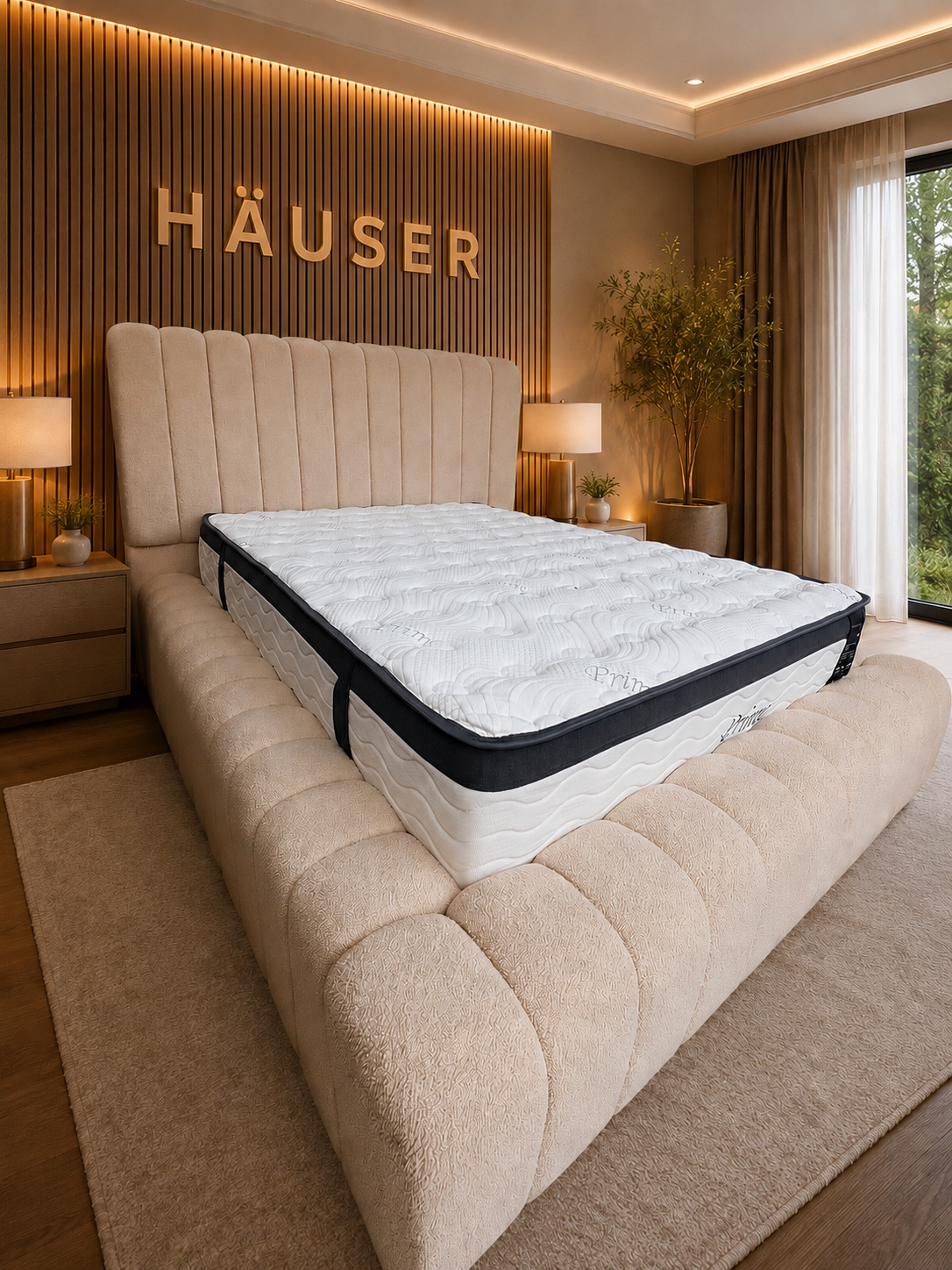 Panello Ambassador Upholstered Bed Beige boucle Panello Ambassador bed with panelled headboard and deep channel footboard by Hauser Interiors