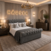 Grey velvet chesterfield sleigh bed with buttoned scroll footboard by Hauser Interiors