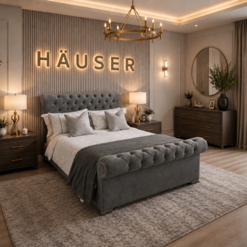 Grey velvet chesterfield sleigh bed with buttoned scroll footboard by Hauser Interiors