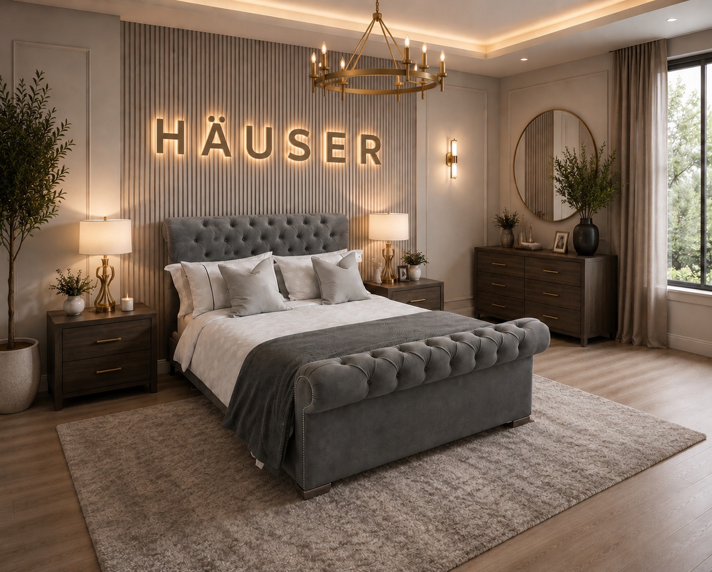 Sleigh Upholstered Bed Grey velvet chesterfield sleigh bed with buttoned scroll footboard by Hauser Interiors
