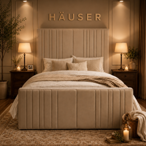 Valentino upholstered bed in cream velvet with tall fluted headboard and panelled footboard by Hauser Interiors