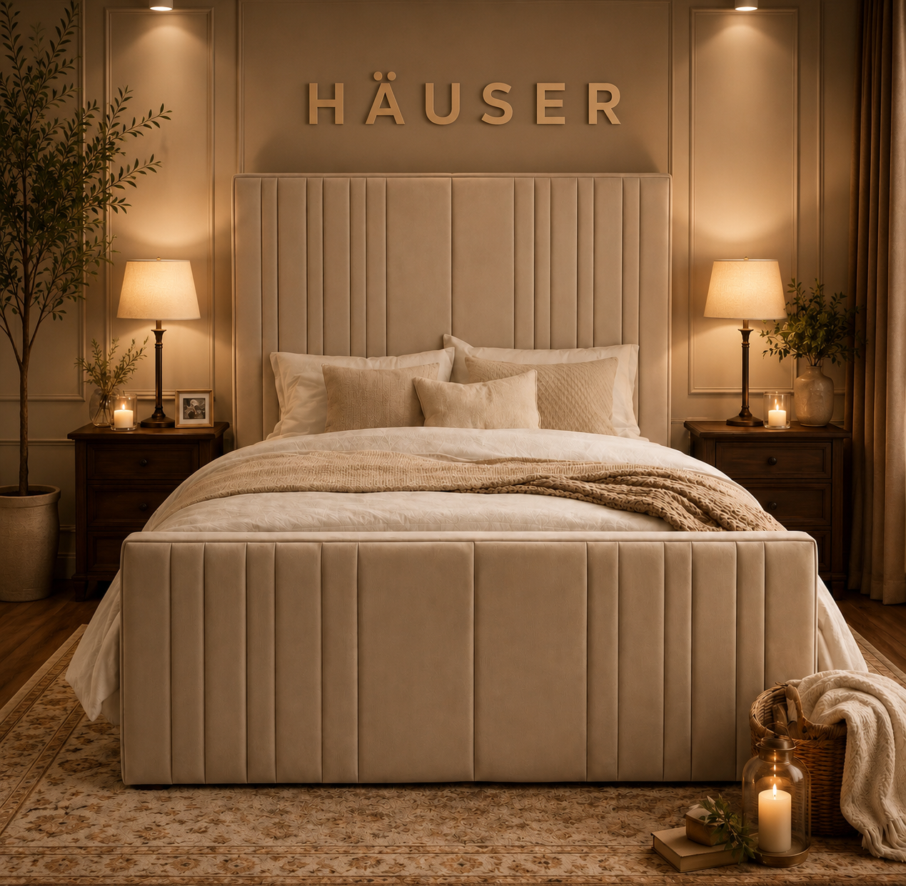 Valentino Upholstered Bed Valentino upholstered bed in cream velvet with tall fluted headboard and panelled footboard by Hauser Interiors