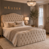 Cream velvet Winchester bed with tufted scalloped headboard and buttoned footboard by Hauser Interiors