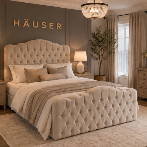 Cream velvet Winchester bed with tufted scalloped headboard and buttoned footboard by Hauser Interiors