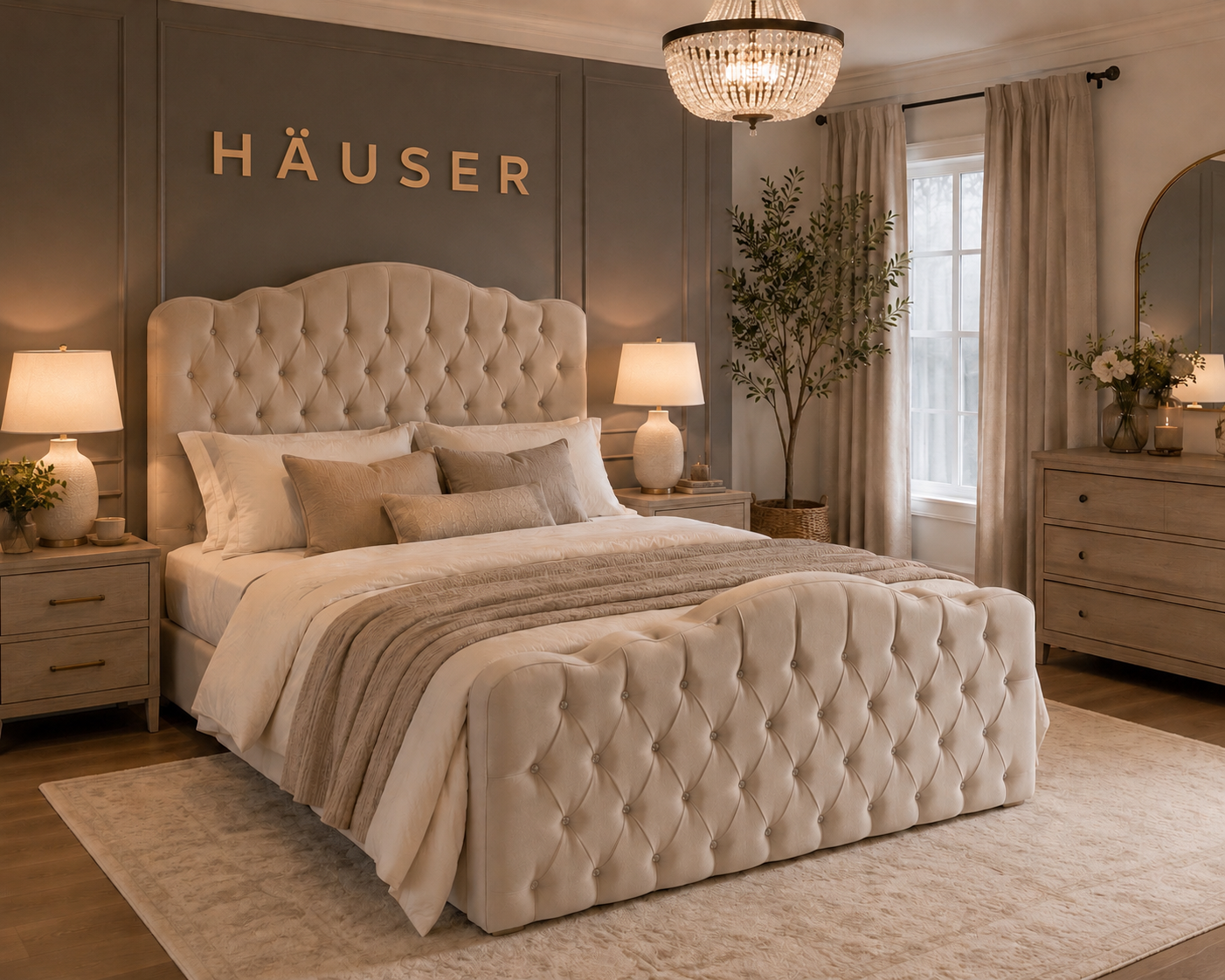 Winchester Upholstered Bed Cream velvet Winchester bed with tufted scalloped headboard and buttoned footboard by Hauser Interiors